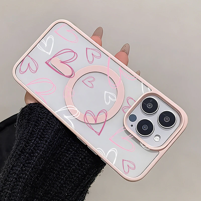 Gradient Heart Magnetic Protective Case - Pink, Purple & White Lines Design