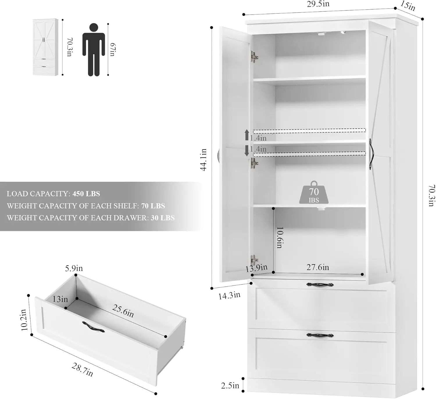 70" Tall Kitchen Pantry Storage Cabinet, Barn Doors Pantry Cabinet with Drawers and Adjustable Shelf 3