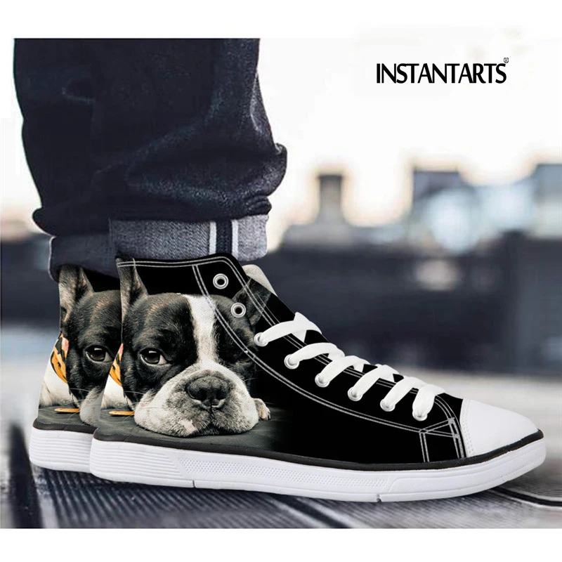 Fashion High-Top Canvas Shoes For Women Cute 3D Black French Bulldog Flat Shoes Ladies Lace-up Vulcanized Shoes