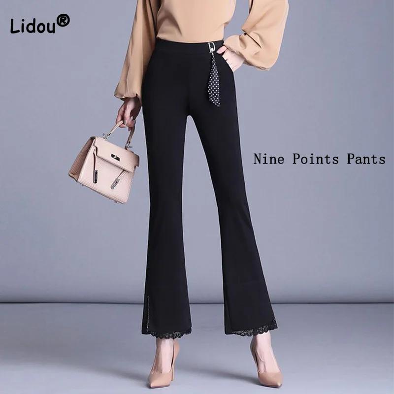 Spring Summer Office Lady Elastic Higt Waist Appliques Trousers Fashion Pockets Solid Lace Patchwork Nine Points Flare Pants spring summer office lady rice apricot black nine points straight trousers womens all match button patchwork pockets suit pants