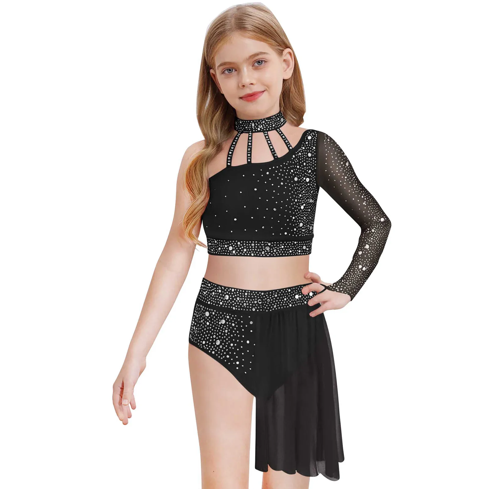 Kinder Mädchen Zeitgenössisches Modernes Lyrisches Ballett-Tanzoutfit Transparentes Mesh-Langarmshirt mit Glänzenden Strass-Applikationen und Unregelmäßigem Rock – Detail 3
