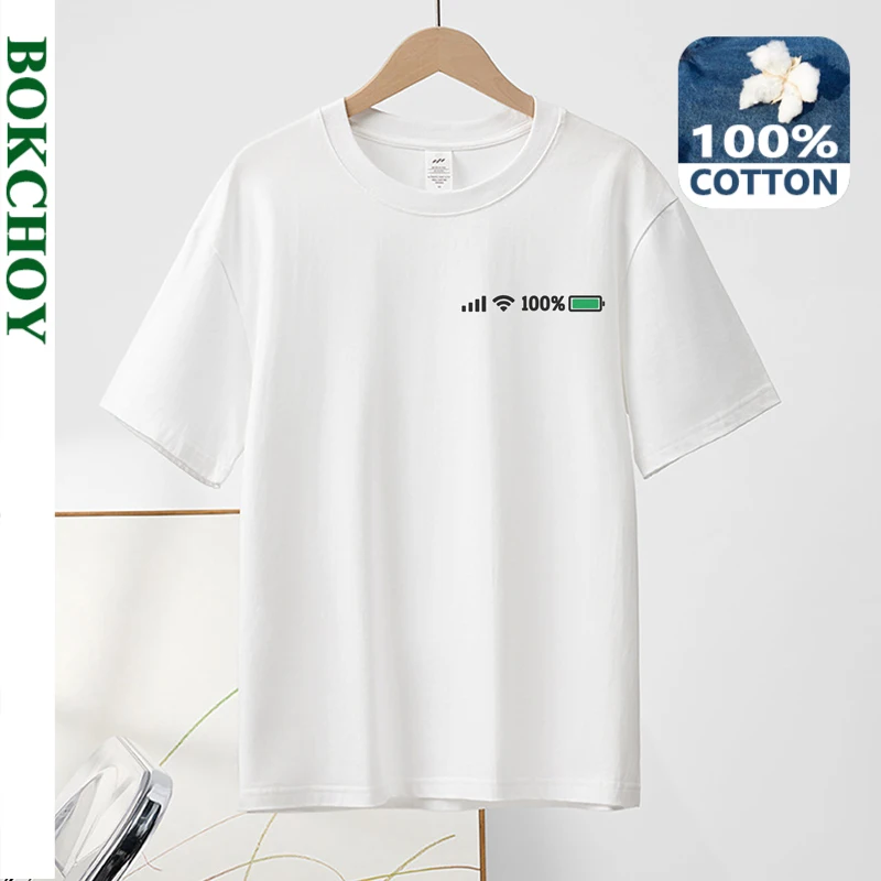 

2024 Summer New Pure Cotton Short Sleeve Men T-shirts Battery Printing Casual Solid Color Thin Top BOK0114