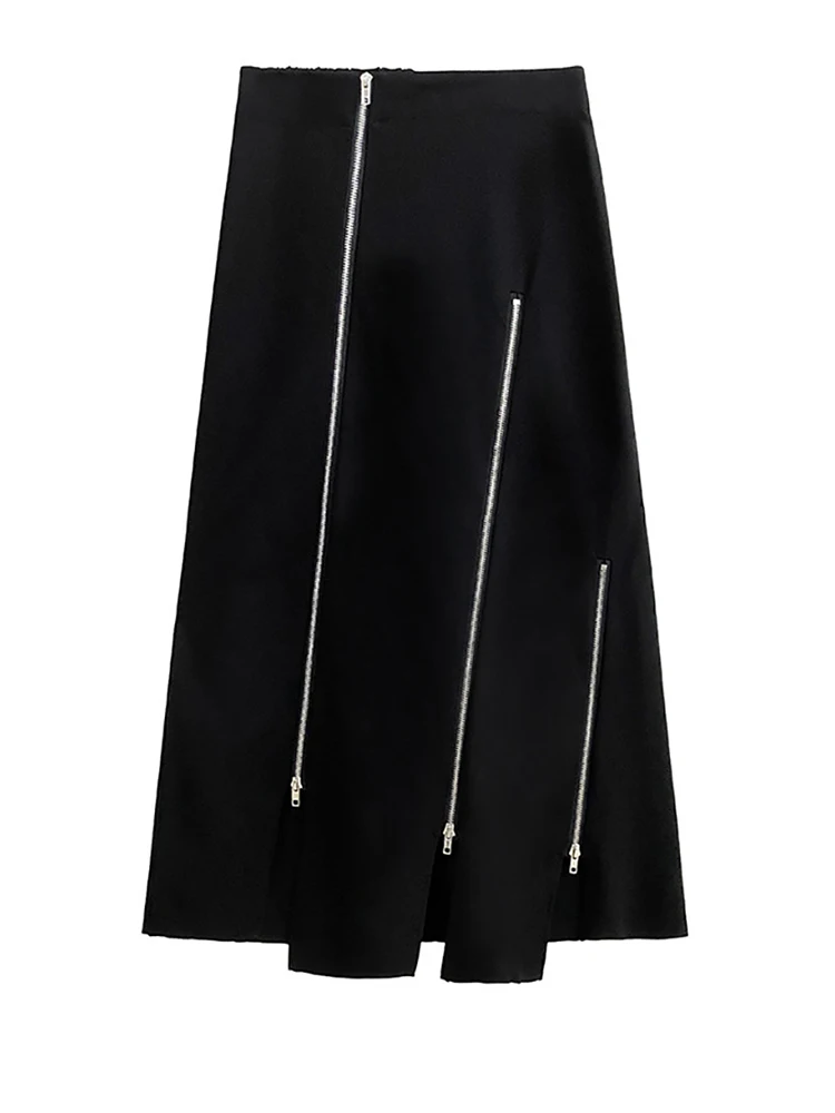 [EAM] High Elastic Waist Black Zipper Splited A-line Half-body Skirt Loose Women Fashion Tide New Spring Autumn 2026 1DH4445