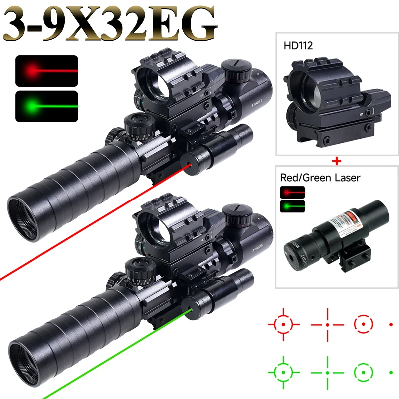 HD112 Red Green 4 Reticle Rifle Scope with 3-9X32EG Red/Green Crosshair Optic Sight Laser Outdoor Tactics Hunting Combo Fit 20mm