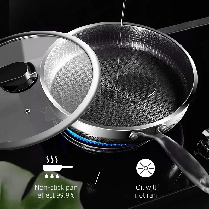 

Purpose General Wok Honeycomb Frying Induction Steel 316/304 Quality Stick Non Steak Pan High Stainless Fried Cooker