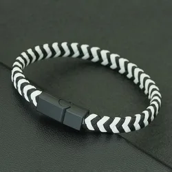 Handwoven Magnetic Buckle PU Leather Men's Bracelet - Adventure Riding Collection (Blackwhite)