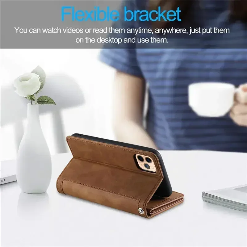 Leather Wallet Cover with Zipper Wrist Strap - Elegant and Functional Phone Case