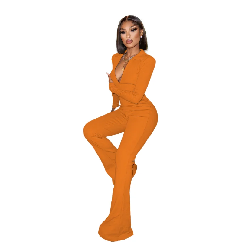 WSFEC 2023 Spring Fashion Jumpsuits Women Clothing Long Sleeve Deep V Neck Solid Bodycon Wide Leg Long Romper Female Bodysuits