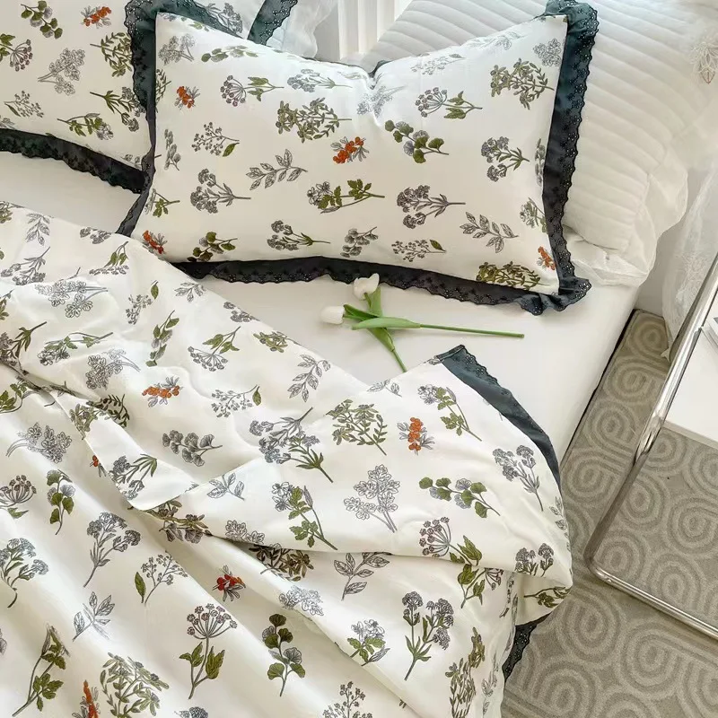 

Romance Lace Bedding Cotton Linen Summer Quilt Class A Fabric Air Conditioning Thin Comforter Bedspread BedSheet with Pillowcase
