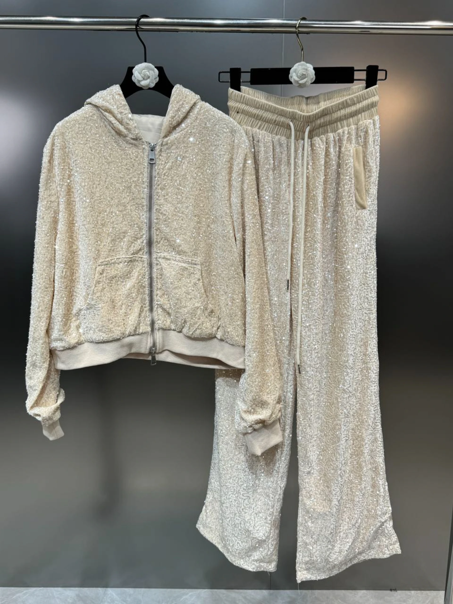 

Pants Sets 2024 Spring Hooded Long Sleeve Sequined Silk Velvet Jacket Straight-Leg Pants Slimming Streetwear Casual Women's Suit