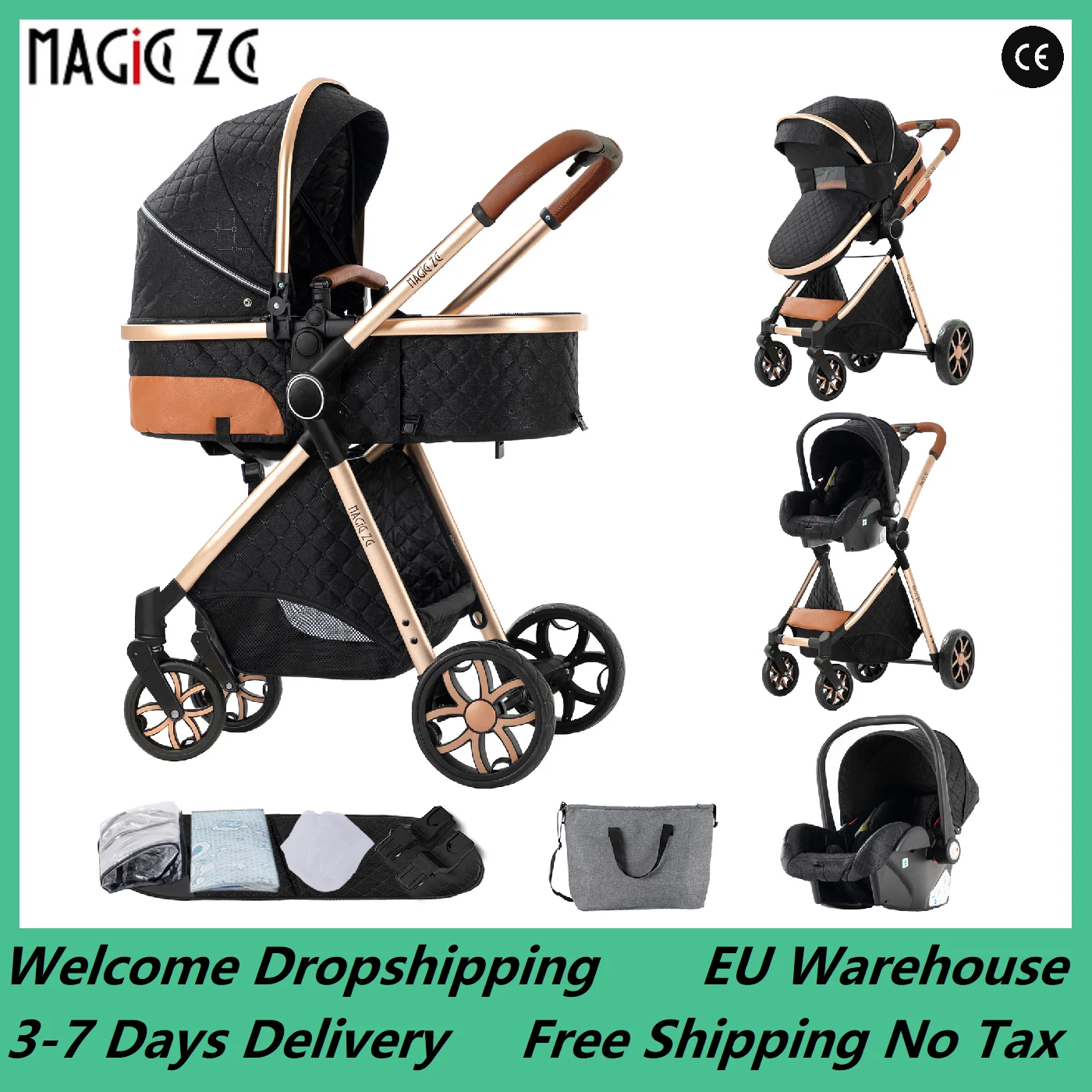 Baby Stroller 3 in 1 Prams Lightweight Stroller Compact Foldable Stroller Newborn Stroller Travel System Pushchair Baby Buggy 1