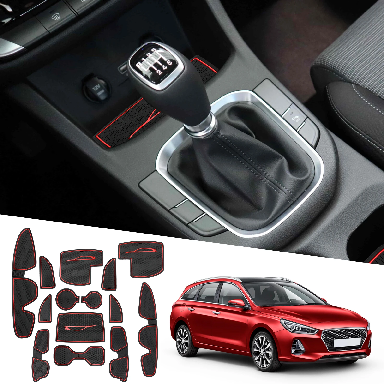 Alfombrillas Goma I30n 2017 2023 Alfombrillas Antideslizantes Para Hyundai I30 2017-2023 - Para Consola Central, Ranuras De Puertas, Color Rojo Alfombrillas Goma Rojo Antideslizante