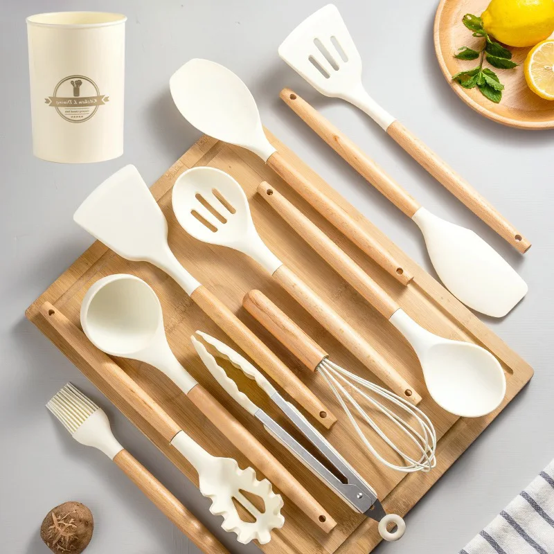 Kitchen Utensils 12Set Wooden Handle Silicone Non-Stick Pan Cooking Tools