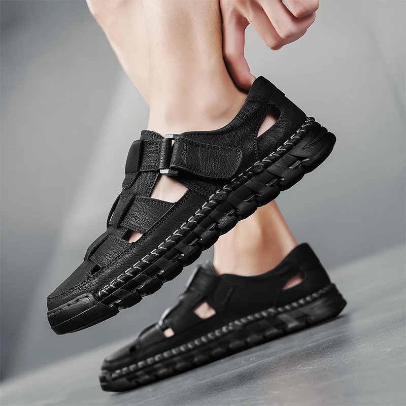 Non Slip Hand Made Sandalias Slip on Clogs Outdoor Walking Shoes Male Sandals Leather Summer Breathable Men's Casual Shoes