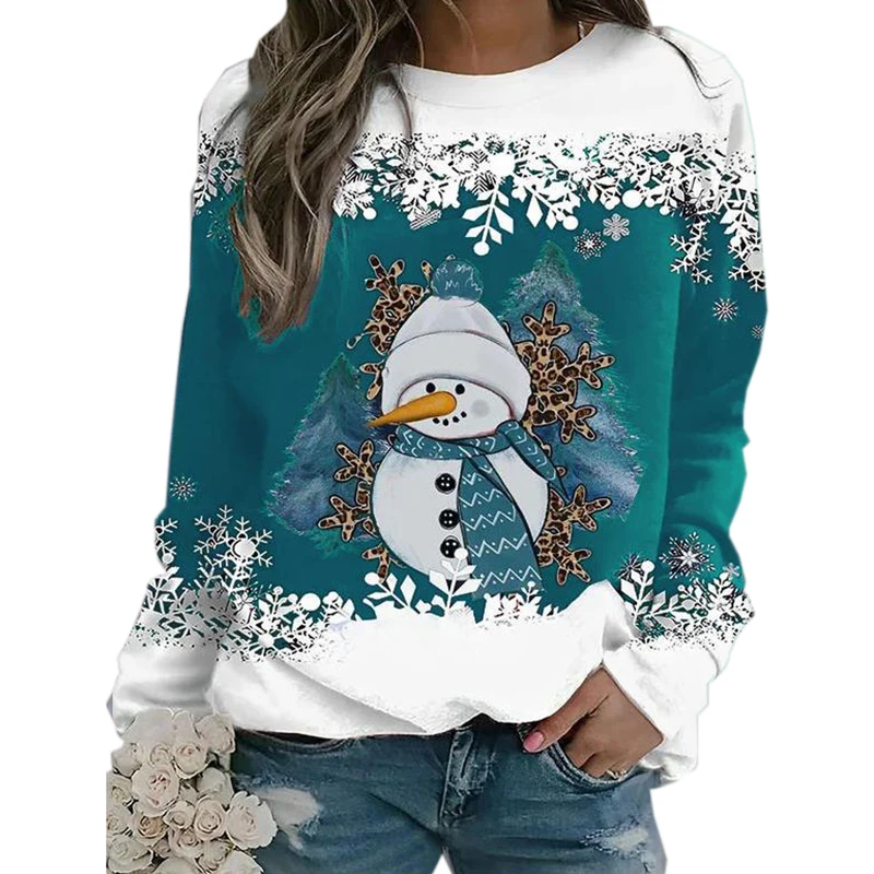 Red White Casual Pullovers 5XL Women Autumn Winter Long Sleeve O-neck Sweatshirts Merry Chirstmas Cotton Printed Sweatshirt Blue
