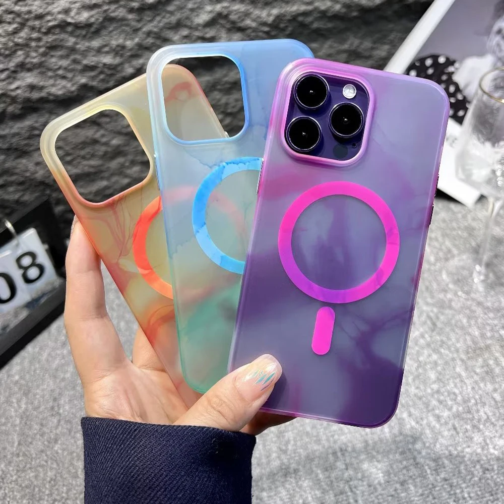 For Magsafe Magnetic Charging Clear Case for iPhone 14 12 13 Pro Max 14 Plus Original Matte Shockproof Gradient Ink Color Cover