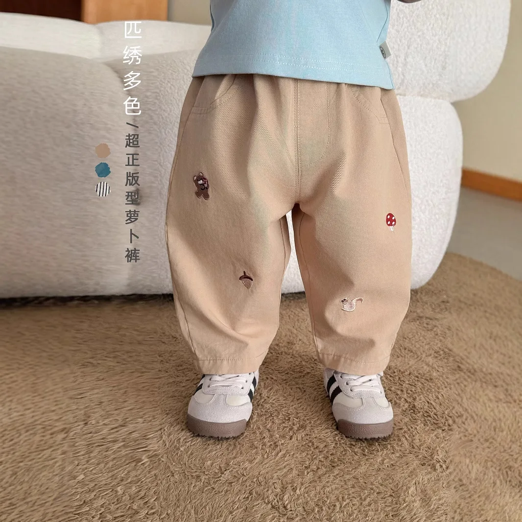 Children's Embroidered Radish Pants 2025 New Autumn Boys' Fashion Cartoon Jeans Trendy Baby Striped Casual Pants