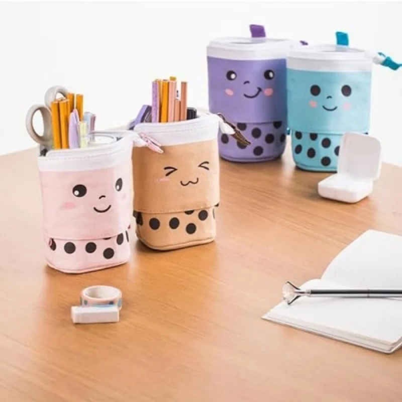 Charming Milk Tea Retractable Pencil Case - Stylish Storage Bag for Stationery & Cosmetics, Large Capacity