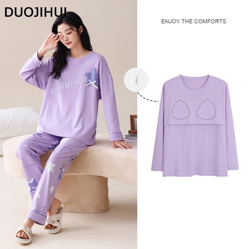 

DUOJIHUI Purple Chicly Printing Fashion Pajamas for Women Classic Solid Color Autumn New Loose Simple Casual Female Pajamas Set