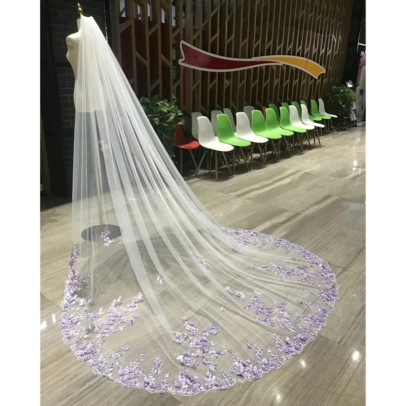 3D Purple Pearls Bridal Wedding Veils With Comb Ivory White Flowers Unique Beaded Lilac Accessories For Brides Luxury Flowers