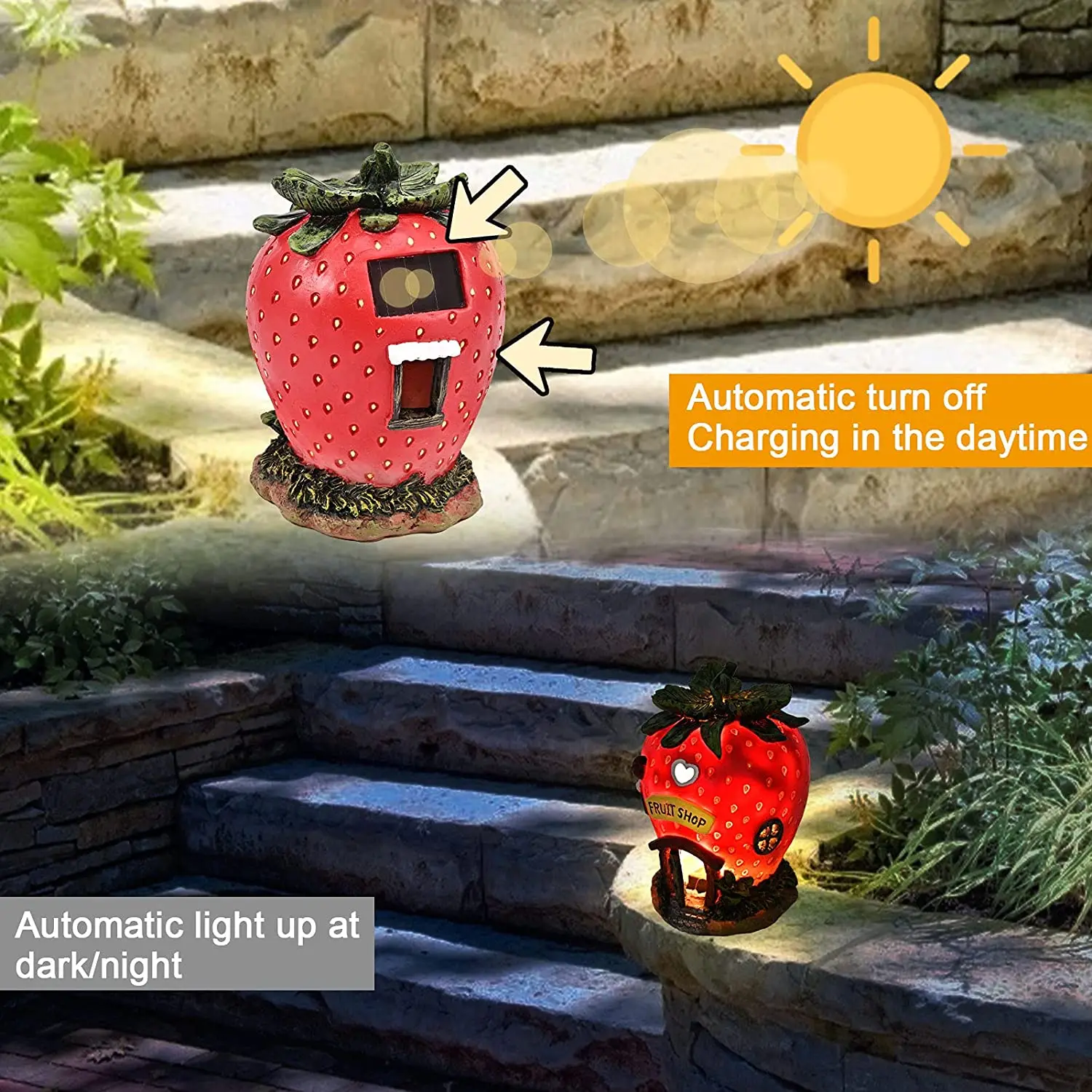 Strawberry Fairy House Solar Powered LED Outdoor Garden Decor Lights Figurines Sculptures for Lawn Yard Decoration