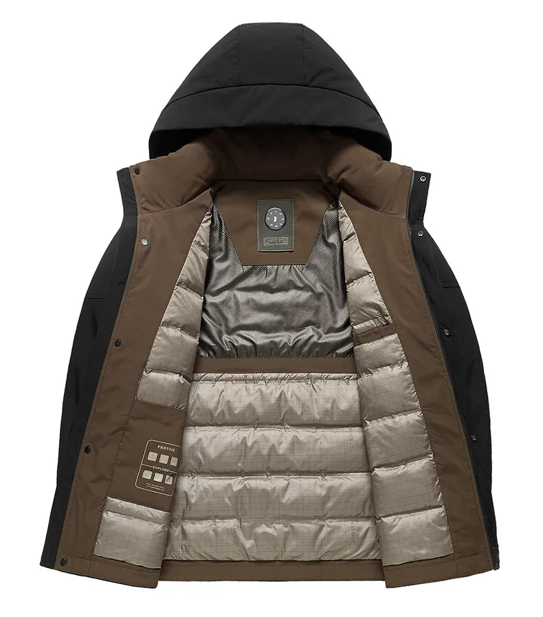 Lässige warme Entendaunenjacken mit Kapuze für Herren, Winter-Outwear, solide, verdickte Puffermantel, winddicht, gepolstertes Oberteil, Kleidung, Hut, abnehmbar – Detail 10