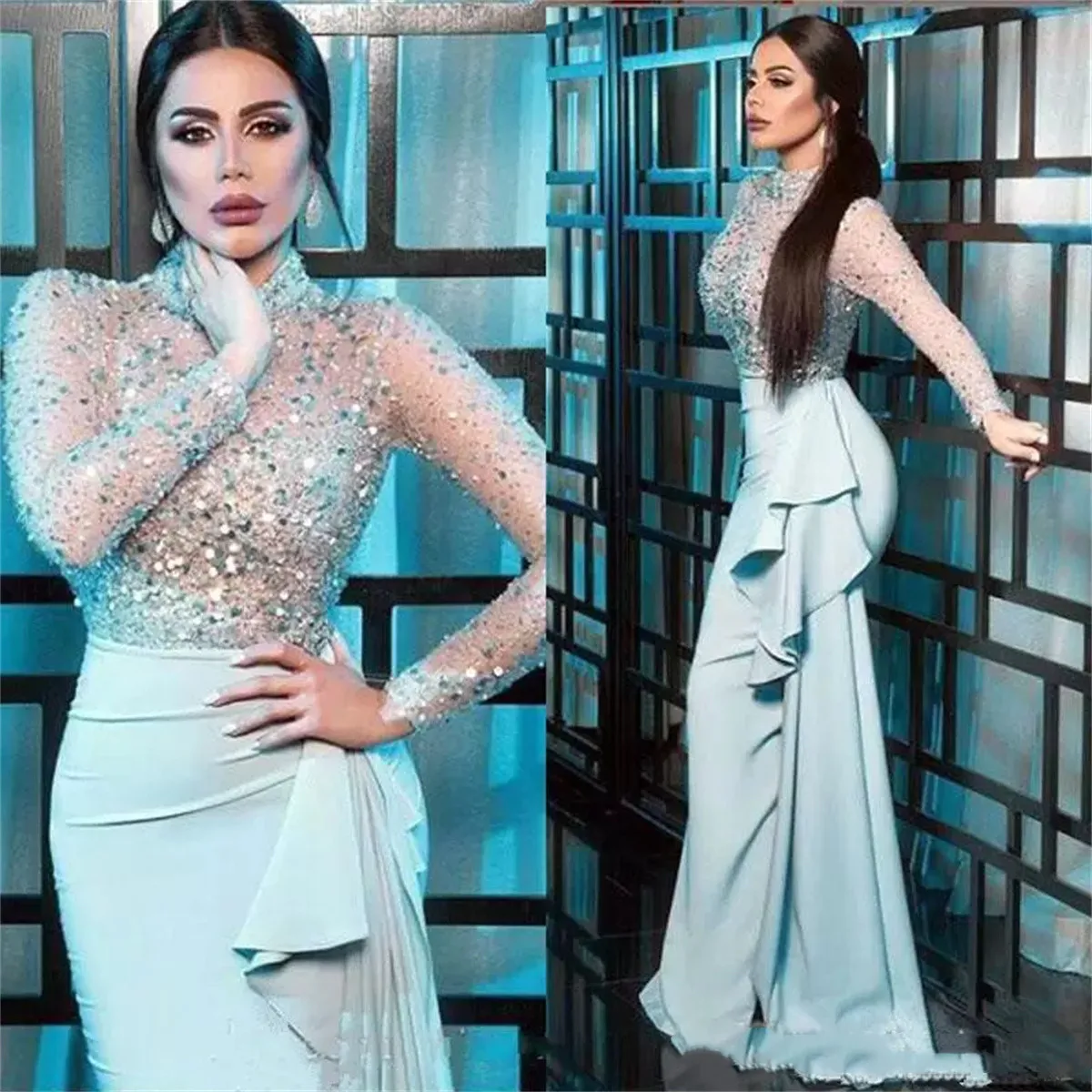 

Angel Custom Blue Luxury Sequined SATIN Crystal Evening Dresses Mermaid Sweep Train Prom Formal Party Gown