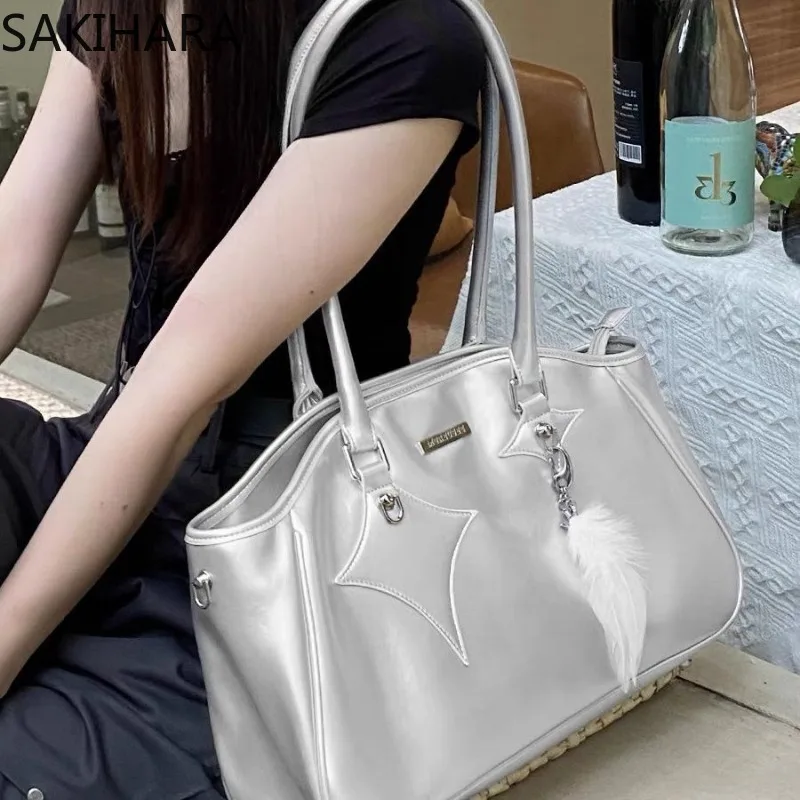 

Y2K эстетичные однотонные вместительные сумки через плечо из искусственной кожи для женщин, офисные женские повседневные модные корейские дизайнерские роскошные сумки