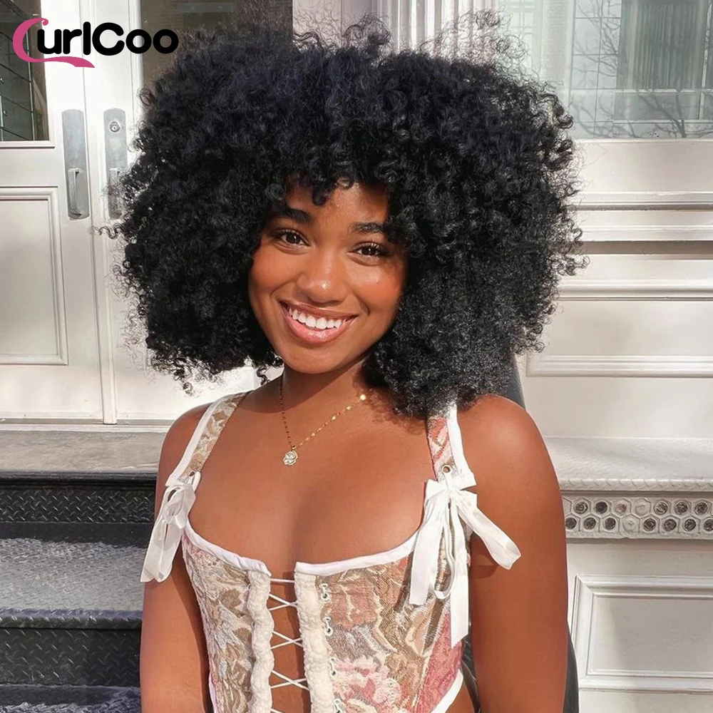 

Short Afro Kinky Curly Wigs With Bangs For Black Women Cosplay Blonde Synthetic Natural Wigs African Ombre Glueless HighTempera