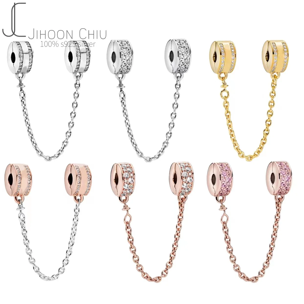 

Silver 925 Sparkling Clear Sparkle Flower Safety Chain Charm Bead Fit Original Pan Bracelet Pendant DIY Jewelry For Women