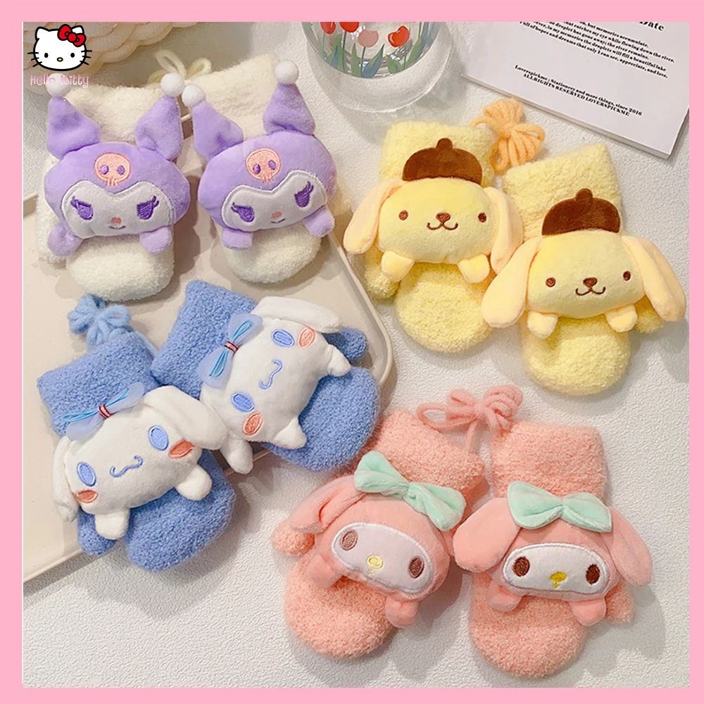 Winter Kids Full Finger Gloves Sanrio Anime Cinnamoroll Kuromi Melody Cartoon Kawaii Soft Warm Girl Gloves Thick Mitten 3-12Y