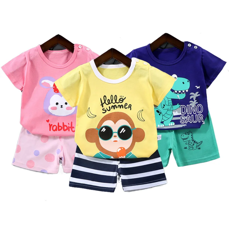 

Baby Girls Boys Summer Clothes Sets Cotton Short Sleeved T-shirt Kids Casual Clothing Cartoon Printing 2Pcs Toddler Shorts Suit