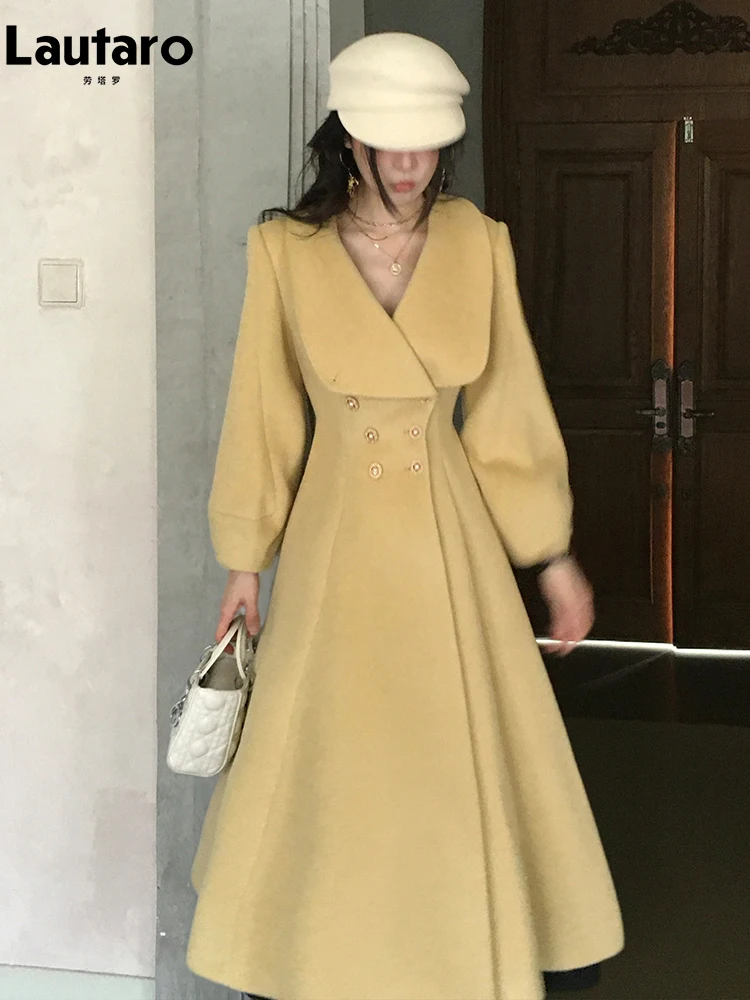 Lautaro Autumn Winter Long Warm Wool & Blends Coat for Women Double Breasted Elegant Luxury Designer Fit and Flare Clothes 2026 4