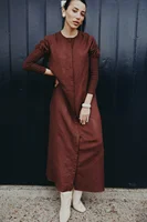 AS AW25 linen smocking sleeve dress high quality linen lady clothes hidden button down design