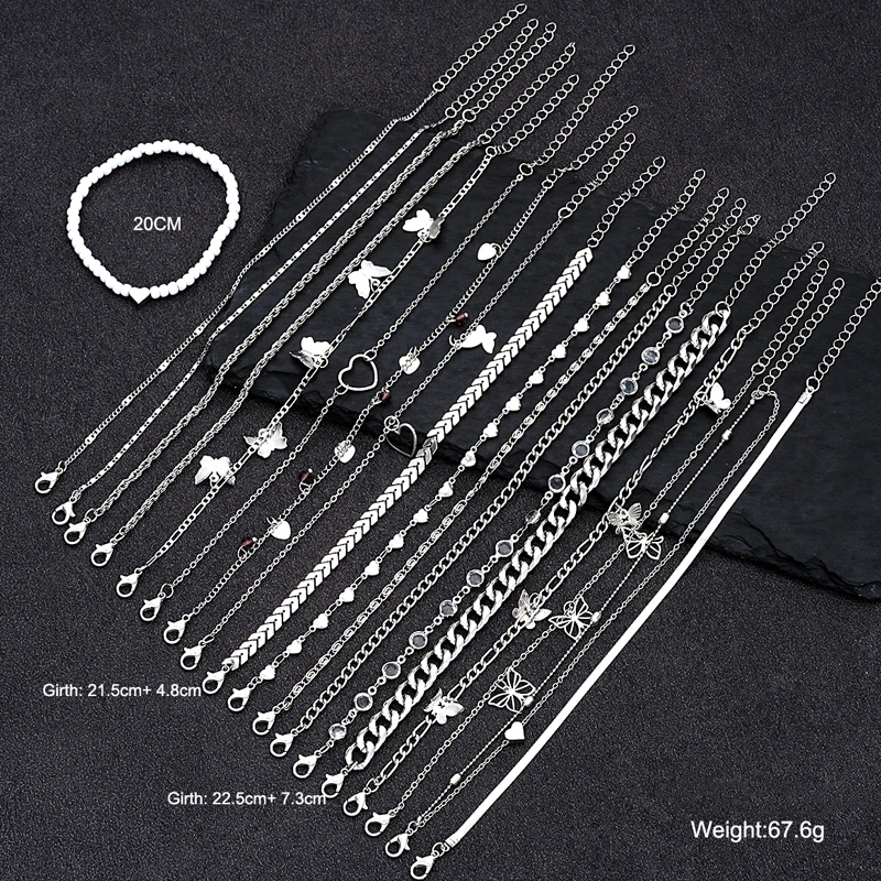 Fashion Accessories Silver Anklet Bracelet Ankle Chains Beads Anklet Toe Foot Bracelet Fashion Metal Butterfly Heart Pendant Anklets Set Bohemia Vintage Pearl Foot Bracelet Beach Woman Jewelry Gifts 20 Pcs/Set