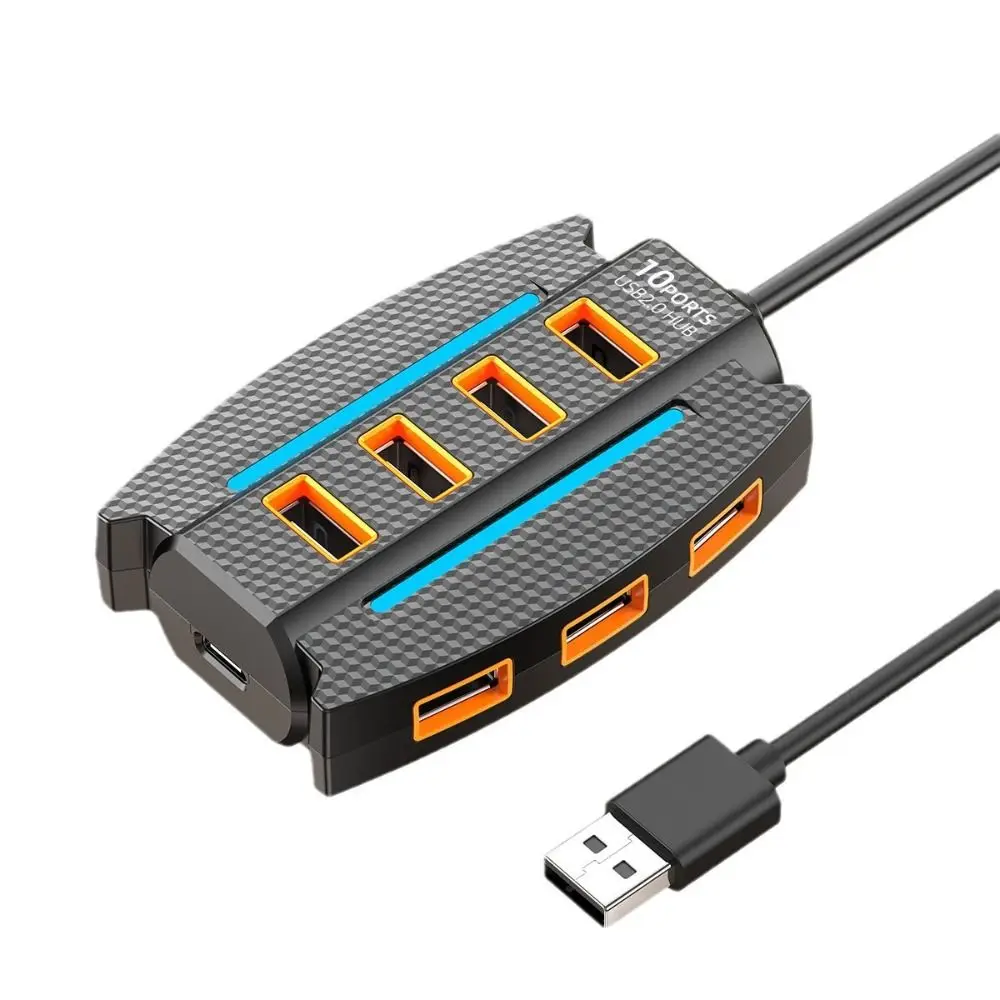 RGB 백라이트 10포트 USB 2.0 스플리터 데이터 전송 확장 10 in 1 USB2.0 허브 고속 커넥터 USB 포트 확장기