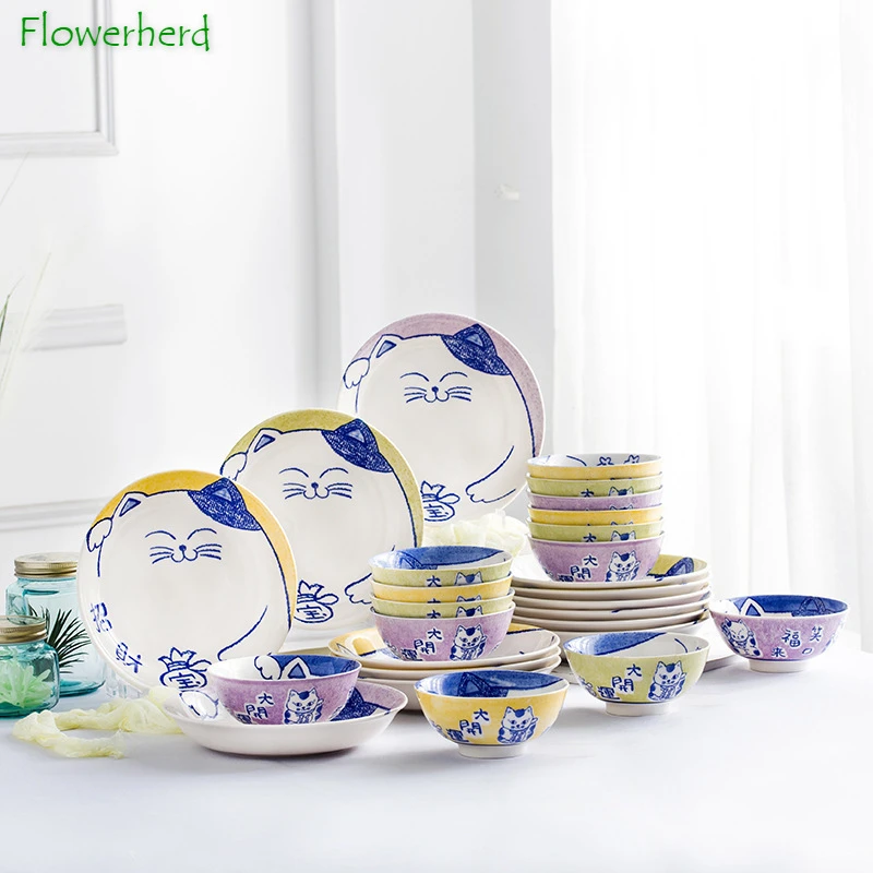 Surichinmoi ga werken Wetland Eco Vriendelijke Leuke Kat Keramische Kommen En Borden Onderglazuur Cartoon  Thuis Servies Servies Set Keuken Accessoires|Servies sets| - AliExpress