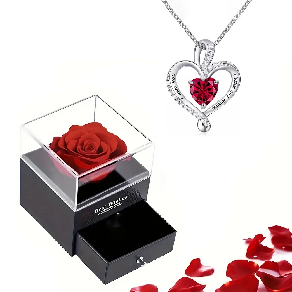 Exquisite Red Zircon Pendant Necklace in Rose Gift Box – Elegant I Love You Jewelry