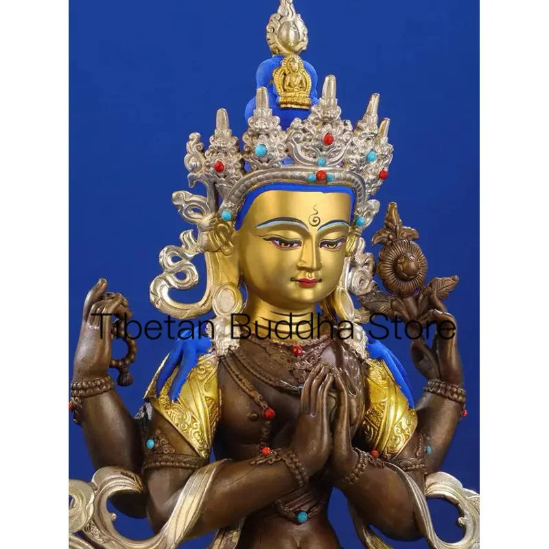 

32cm Pure copper gilded gold gilded silver four armed Guanyin Buddha statue ornament Guanyin Bodhisattva Buddha statue