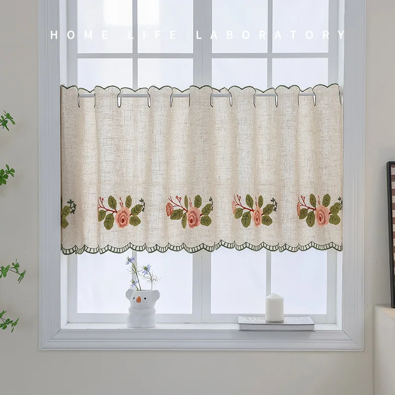 

Finished Kitchen Bathroom Window Display Cabinet Curtains Cotton and Linen Half Short Curtains Embroidered Coffee Curtains