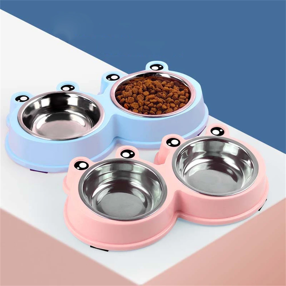 

Cute Frog Double Bowl Cat Puppy Feeding Supplies Stainless Steel Pet Drinking and Feeding Dish Small Dog Food Water Feeder