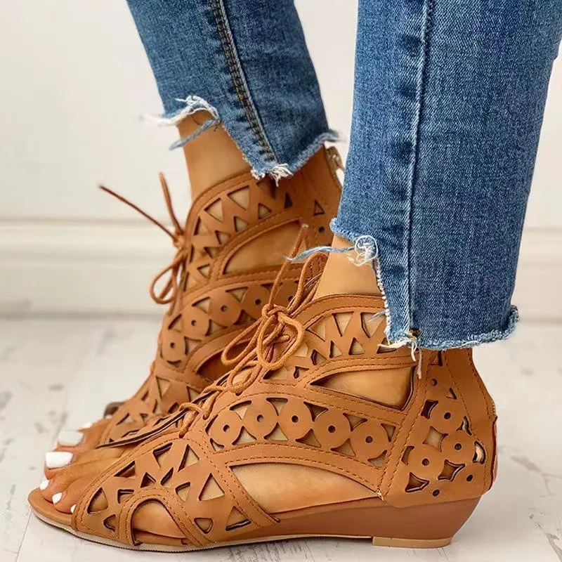 Women Sandals ENMAYER Fashion Cut-outs Lace Up Sandals Open Toe Low Wedges Bohemian Summer Beach Woman