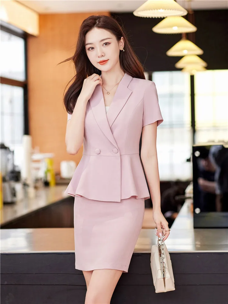 Summer Blazer And Skirt Suit Sets Pink Chic Elegant Bussiness Suit For Women Two Piece Set Outfit Ladies Mini Skirts Shot Sets