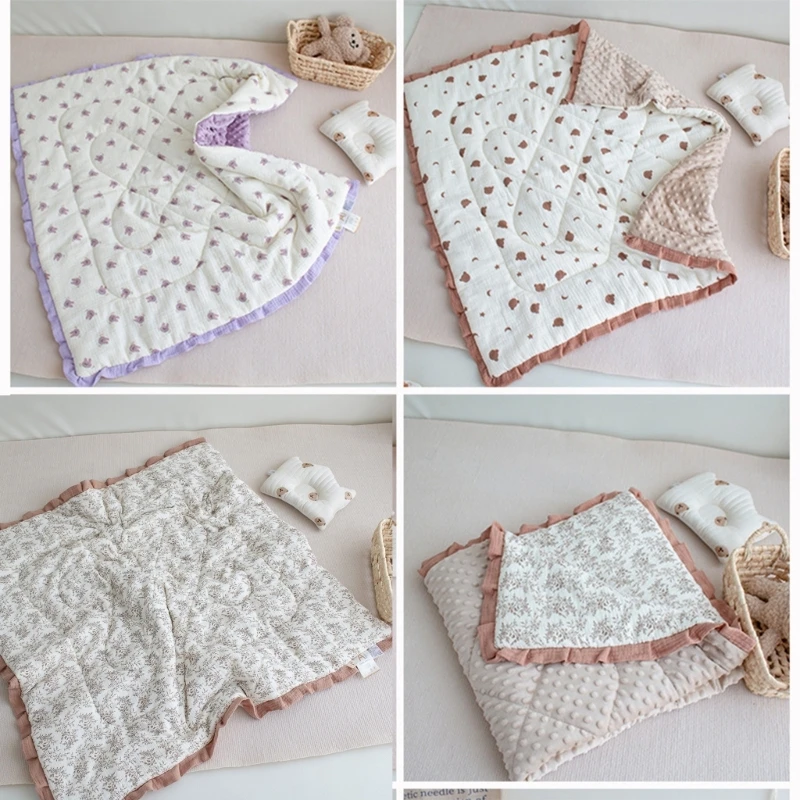 Lovely Kids Cotton Quilt Comfortable Baby Throw Blanket with Delicate Lace Edging for Toddlers Crib or Strollers A2UB
