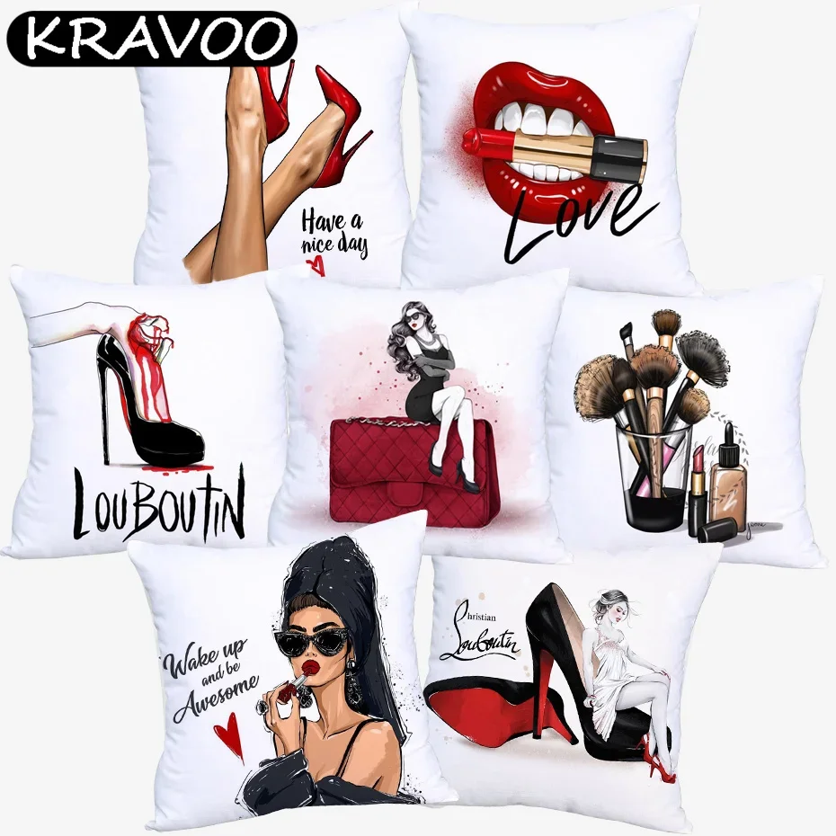 

High Heel Cushion Covers Modern Fashion Lady Red Lips Lipsticks Cushion Cover Home Decorative Polyester Pillow Case Funda Cojín