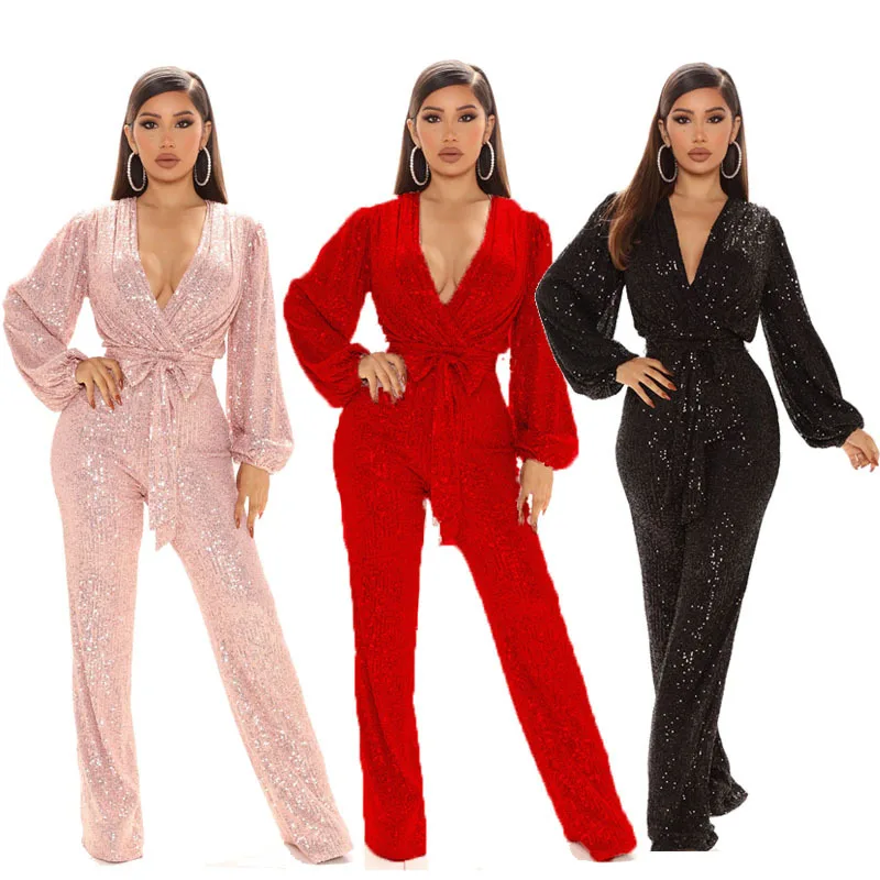 

Wide Leg Elegant V-neck Rompers Solid Lantern Sleeve Women Overalls Long Sleeve Luxurious Sequin Jumpsuit with Belt