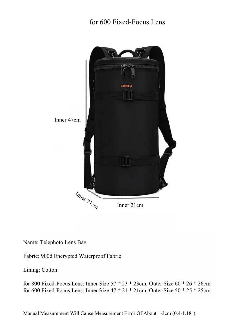Professionelle 600-Teleobjektivröhre mit fester Brennweite, Fotografie-Einzelschulter-Objektivtasche für Canon/Nikon/Sony/Sigma 800 Prime Lens – Detail 5