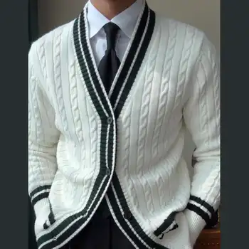 Luxury British Fashion Trend Knitted Cardigan Sweater Jacket Men Striped Contrast Printing Cardigan Men Sweter Herren Pullover 1