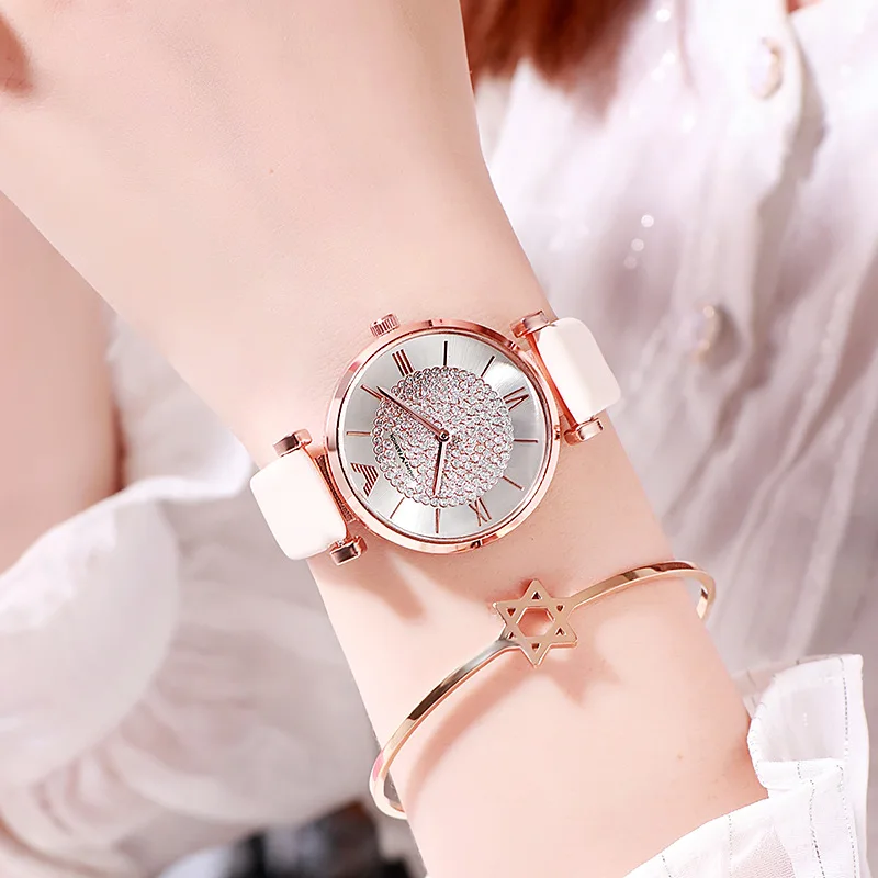 

2022 Elegant Luxury Watches Women Alloy Analog Quartz Red Ladies Wrist Watch Rhinestone Leather Strap Watches for Women