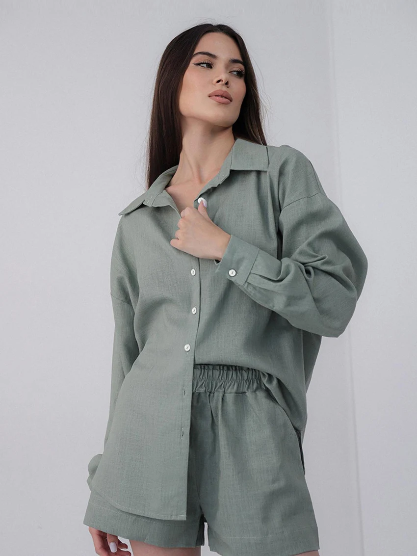 Marthaqiqi Casual Women Sleepwear Set Long Sleeve Nightgowns Turn-Down Collar Pajama Shorts Cotton Ladies Nightwear 2 Piece Suit